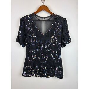 Laurence Kazar Sequin Silk Blouse Medium Black Vintage Floral Mesh Sheer Fairy